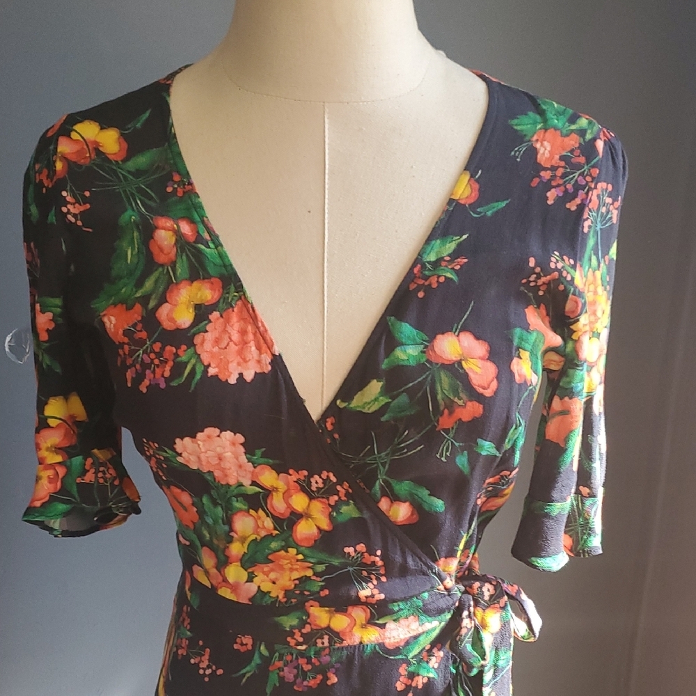 Zara Black Floral Wrap  Dress with Pink, Orange & Green Accents - Picture 3 of 13